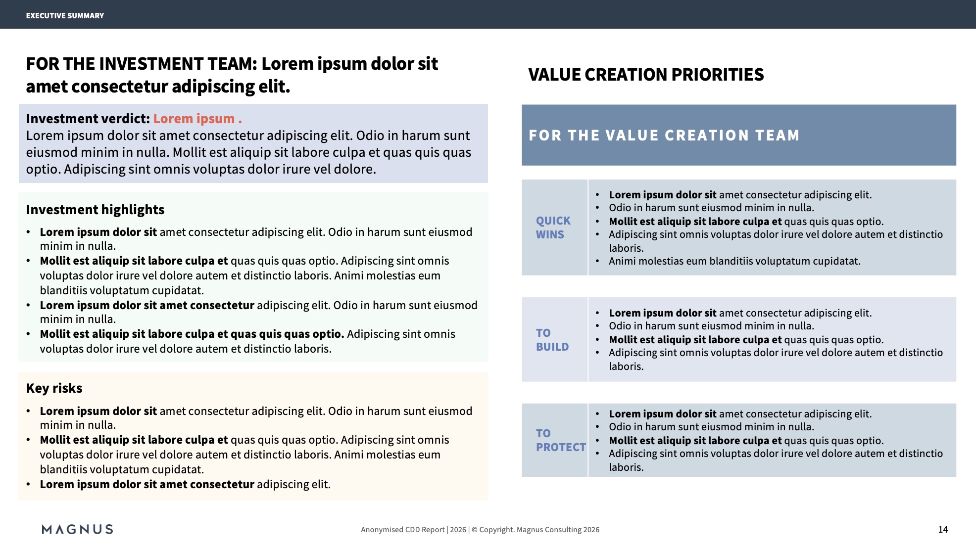 Sample CDD executive summary page showing the investment verdict, investment highlights, key risks and value creation priorities