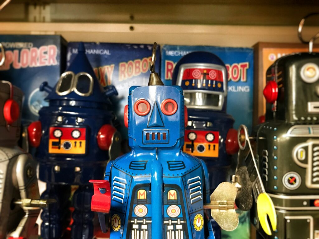 Image of a robot on the shelf for using AI for marketing blog